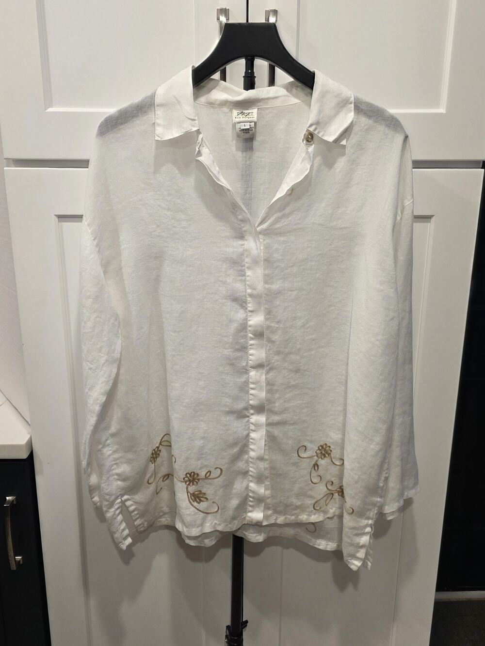 Norm Thompson 100% Linen Blend Top Shirt Cream Floral Embroidered Womens Large